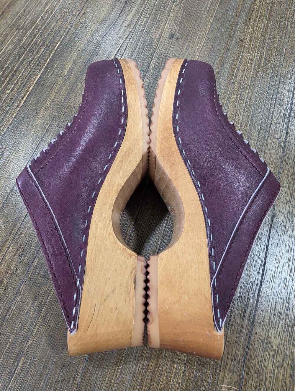 TROLLS By Samhall Burgundy Leather & Wood Sweden Clogs Size 37 - Picture 6 of 13
